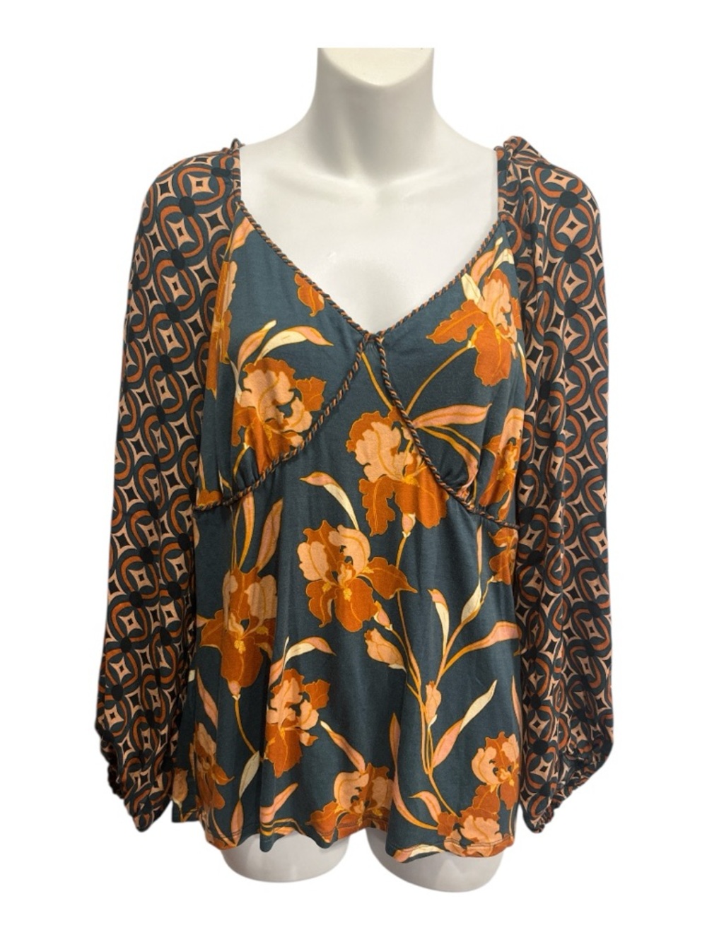 Les Serein Floral V-Neck Peasant Blouse in Teal & Rust. Size XL